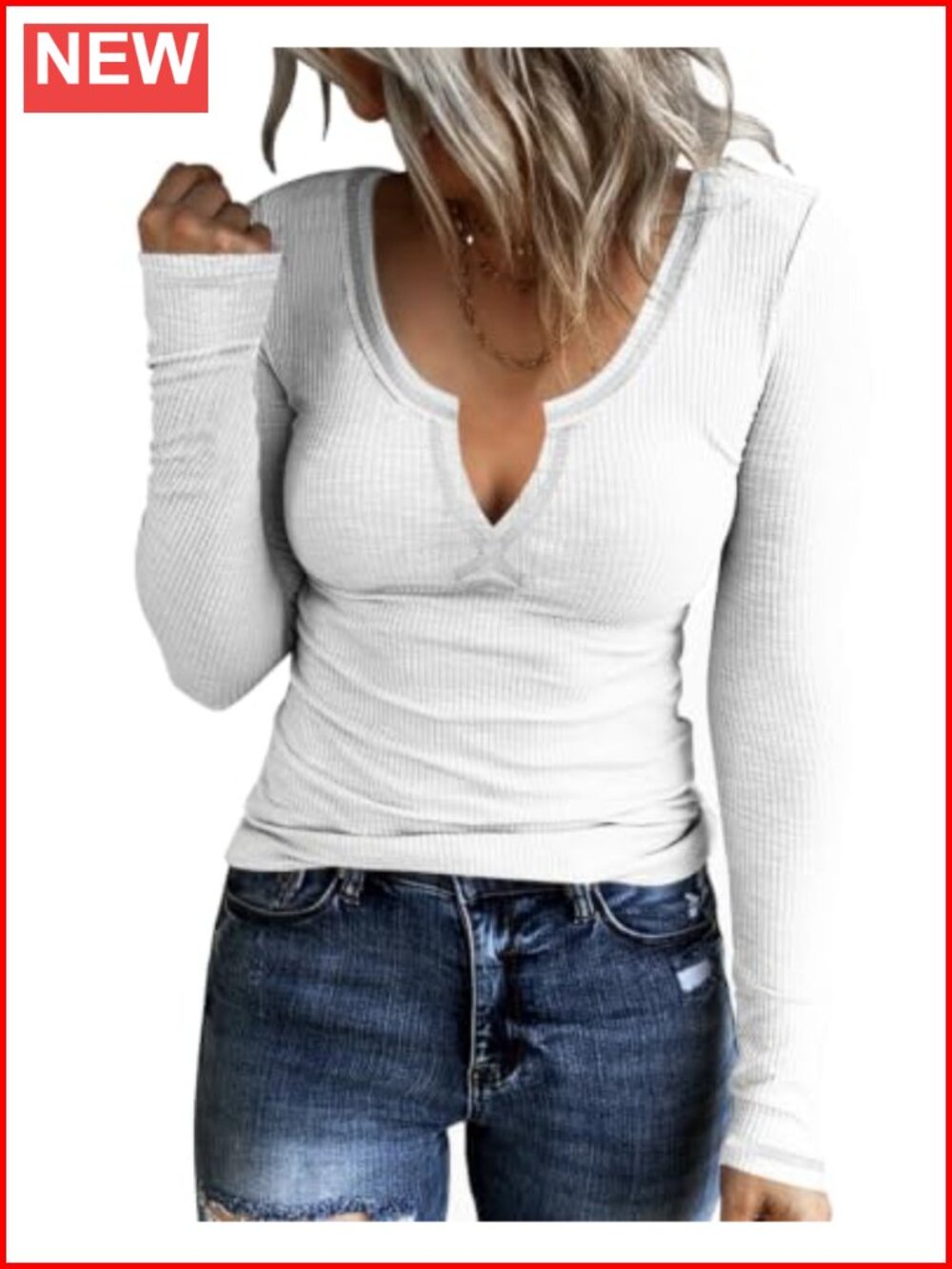 Long Sleeve Ribbed Slub Knit Scoop Neck Casual T-Shirt Top